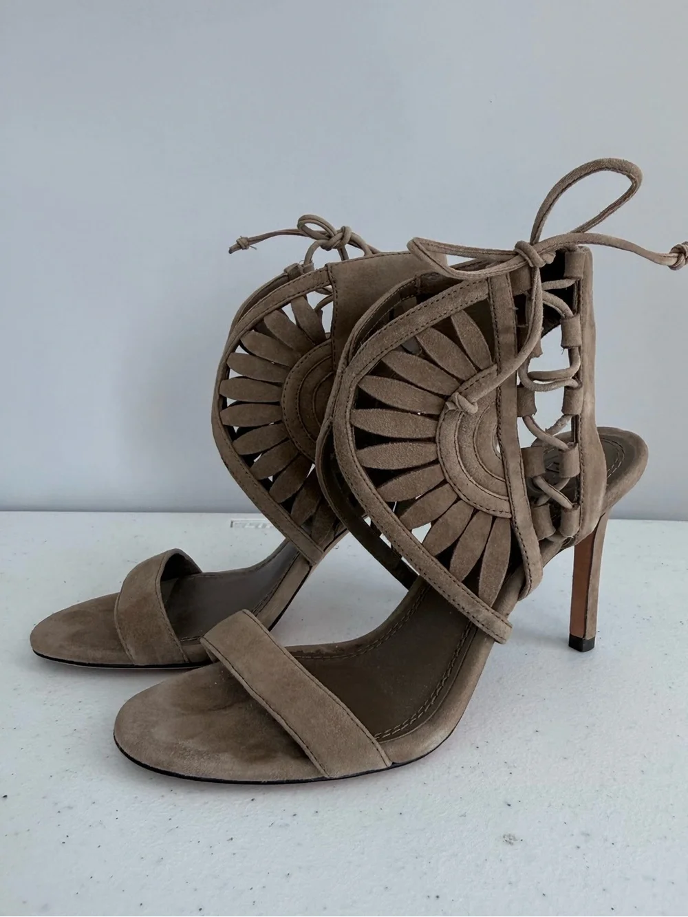 Tory Burch Brown Suede Lace Up Strappy Stiletto Sandals Cutout Heels Size 5